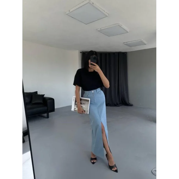 GABARDİN UZUN ÖNDEN YIRTMAÇLI ETEK - Mavi