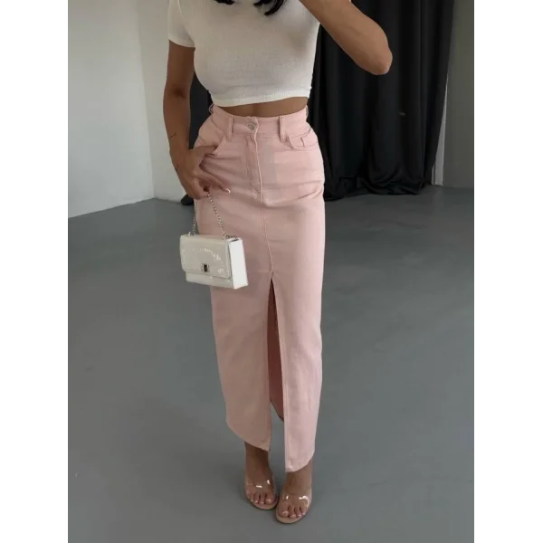 GABARDİN UZUN ÖNDEN YIRTMAÇLI ETEK - Pudra