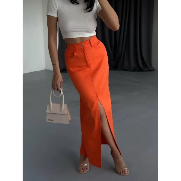 GABARDİN UZUN ÖNDEN YIRTMAÇLI ETEK - Turuncu