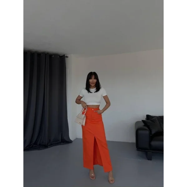 GABARDİN UZUN ÖNDEN YIRTMAÇLI ETEK - Turuncu