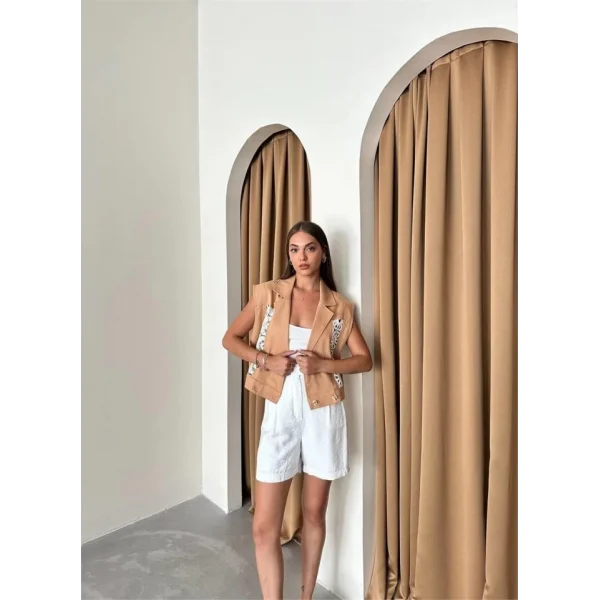 GABARDİN YELEK DANTEL DETAYLI - Kahverengi