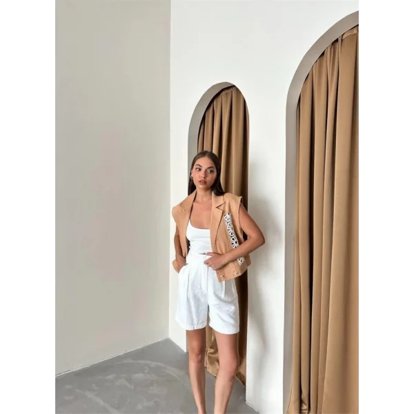 GABARDİN YELEK DANTEL DETAYLI - Kahverengi