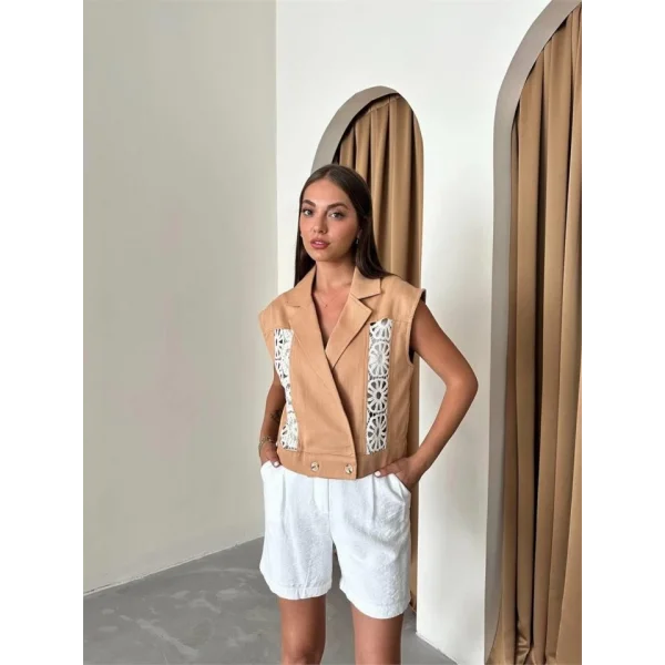 GABARDİN YELEK DANTEL DETAYLI - Kahverengi