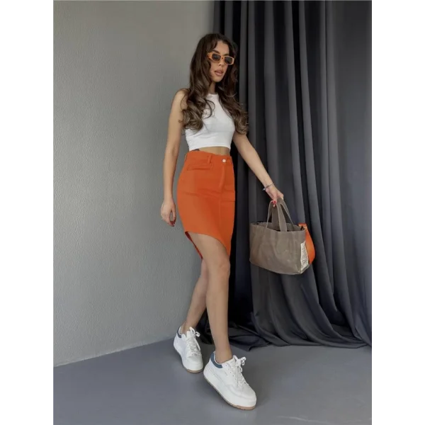 GABARDİN YIRTAÇ DETAYI ETEK  Turuncu