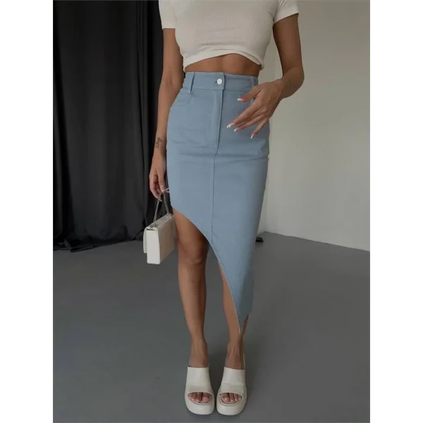 GABARDİN YIRTMAÇ DETAYLI ETEK - Açık Mavi