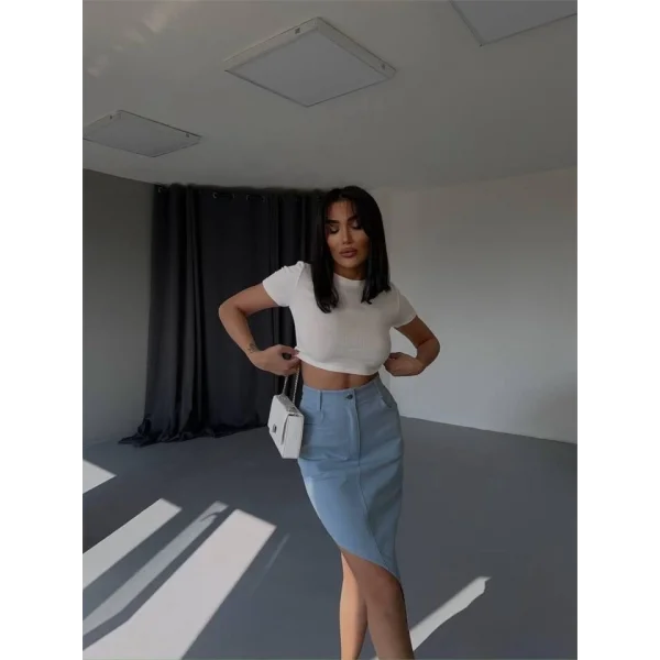 GABARDİN YIRTMAÇ DETAYLI ETEK - Açık Mavi