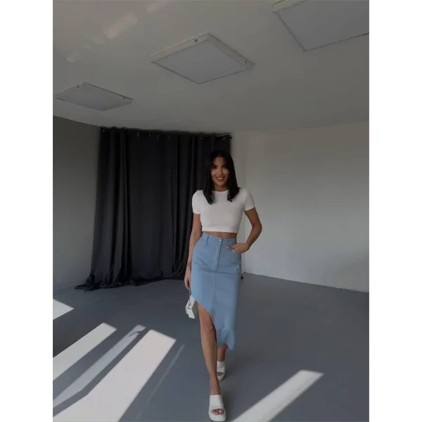 GABARDİN YIRTMAÇ DETAYLI ETEK - Açık Mavi