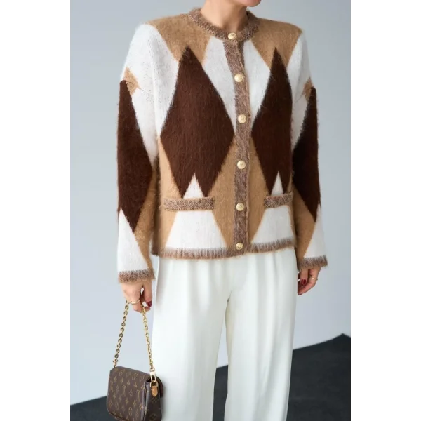 Geniş Baklava Desen Hırka  CamelKrem