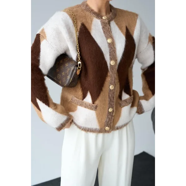 Geniş Baklava Desen Hırka  CamelKrem