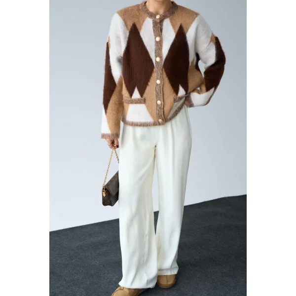 Geniş Baklava Desen Hırka  CamelKrem