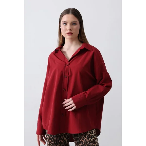 Geniş Manşet Detaylı Gömlek - Bordo