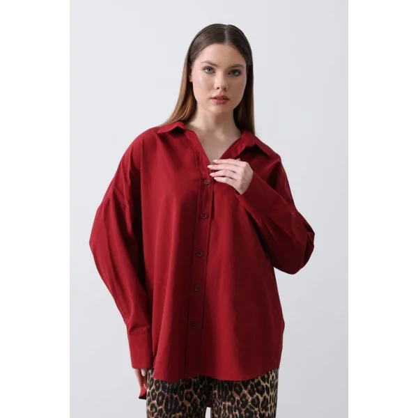 Geniş Manşet Detaylı Gömlek - Bordo