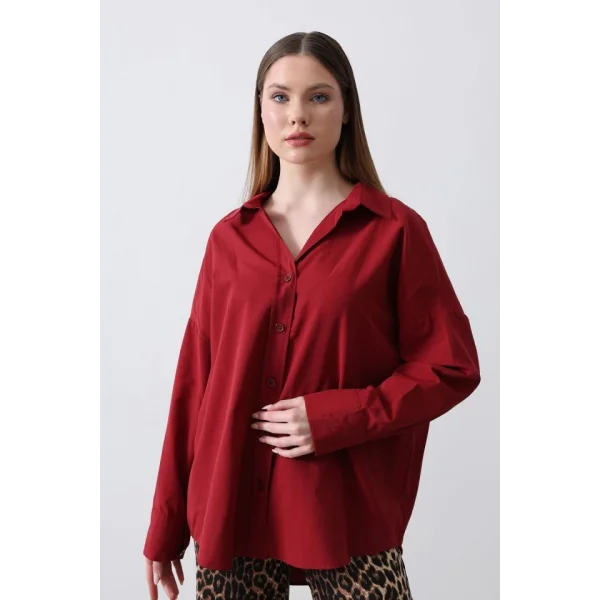Geniş Manşet Detaylı Gömlek - Bordo