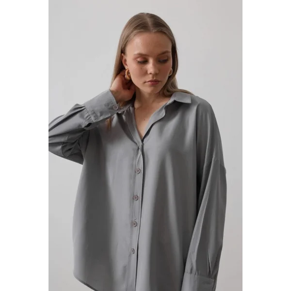 Geniş Manşet Detaylı Gömlek - Gri