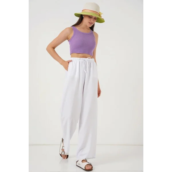 Geniş Paça Keten Pantolon 6735 - Beyaz