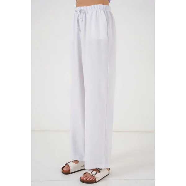 Geniş Paça Keten Pantolon 6735 - Beyaz