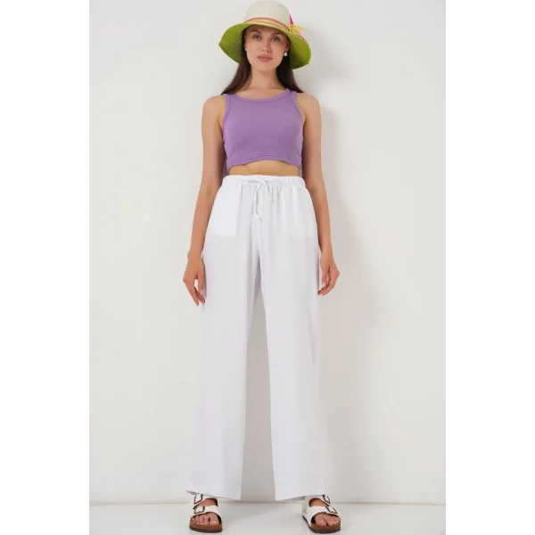 Geniş Paça Keten Pantolon 6735 - Beyaz
