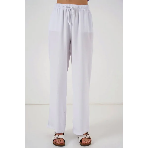 Geniş Paça Keten Pantolon 6735 - Beyaz