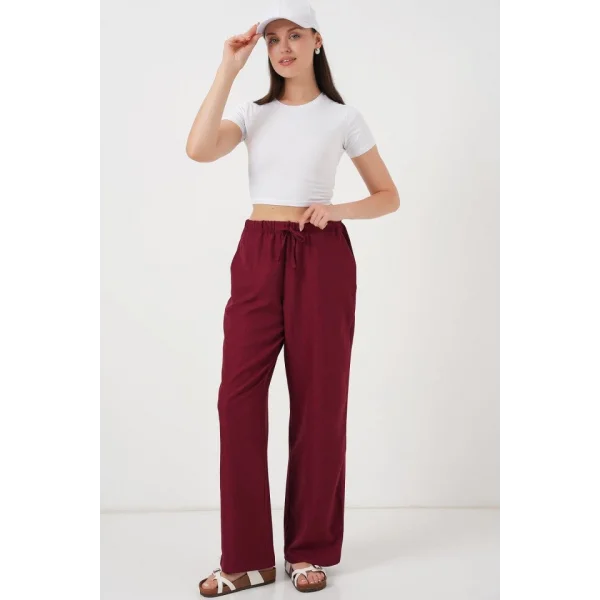 Geniş Paça Keten Pantolon 6735 - Bordo