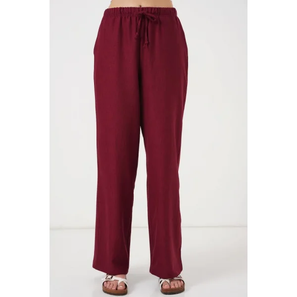 Geniş Paça Keten Pantolon 6735 - Bordo