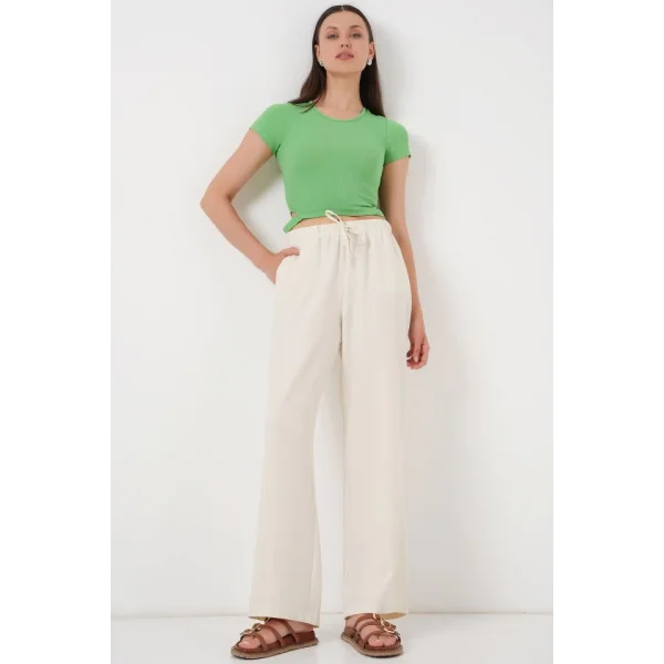 Geniş Paça Keten Pantolon 6735 - Ekru