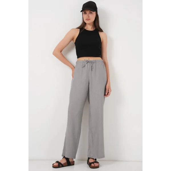 Geniş Paça Keten Pantolon 6735 - Gri