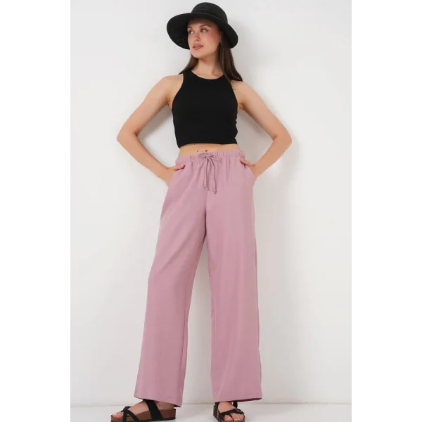 Geniş Paça Keten Pantolon 6735 - Gül Kurusu