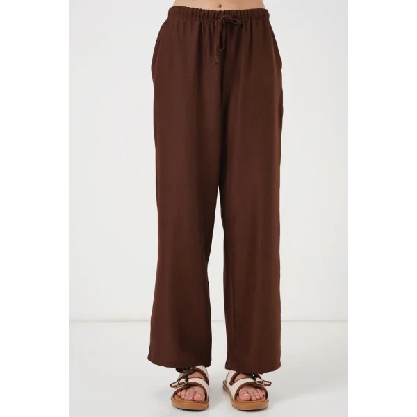Geniş Paça Keten Pantolon 6735 - Kahverengi