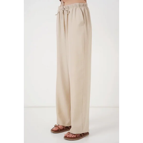 Geniş Paça Keten Pantolon 6735 - Krem