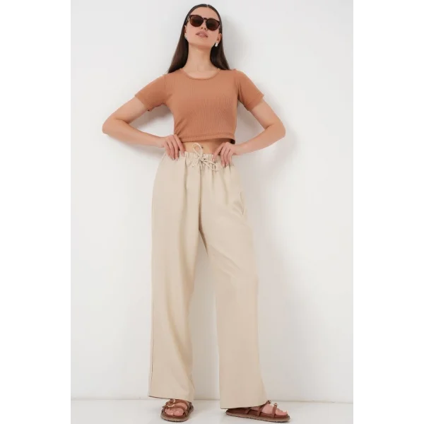 Geniş Paça Keten Pantolon 6735 - Krem