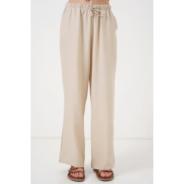 Geniş Paça Keten Pantolon 6735 - Krem