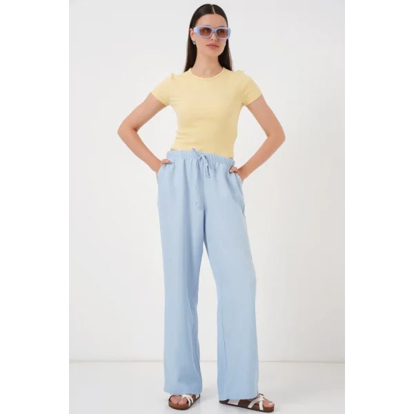 Geniş Paça Keten Pantolon 6735 - Mavi
