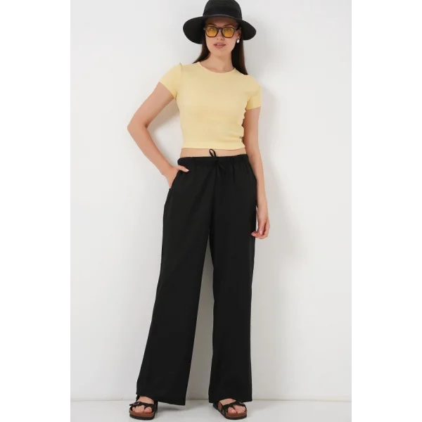 Geniş Paça Keten Pantolon 6735 - Siyah