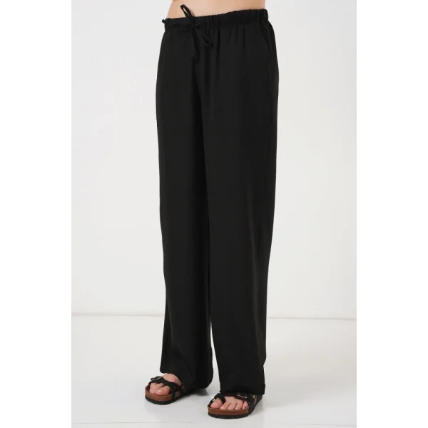 Geniş Paça Keten Pantolon 6735 - Siyah