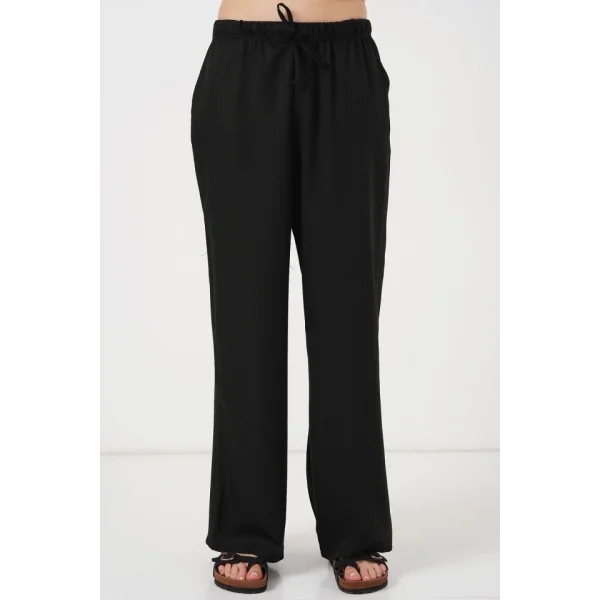 Geniş Paça Keten Pantolon 6735 - Siyah
