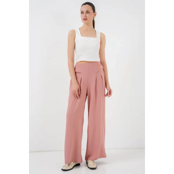 Geniş Paça Pileli Pantolon 6718 - Gül Kurusu