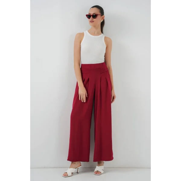 Geniş Paça Pileli Pantolon 6718 - Kırmızı