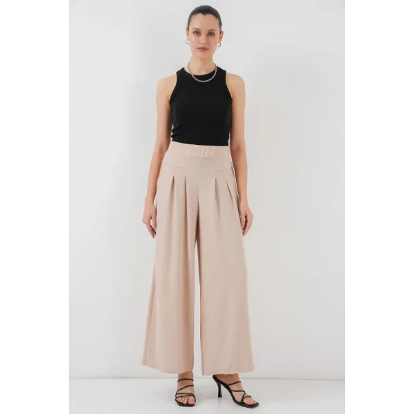 Geniş Paça Pileli Pantolon 6718 - Krem