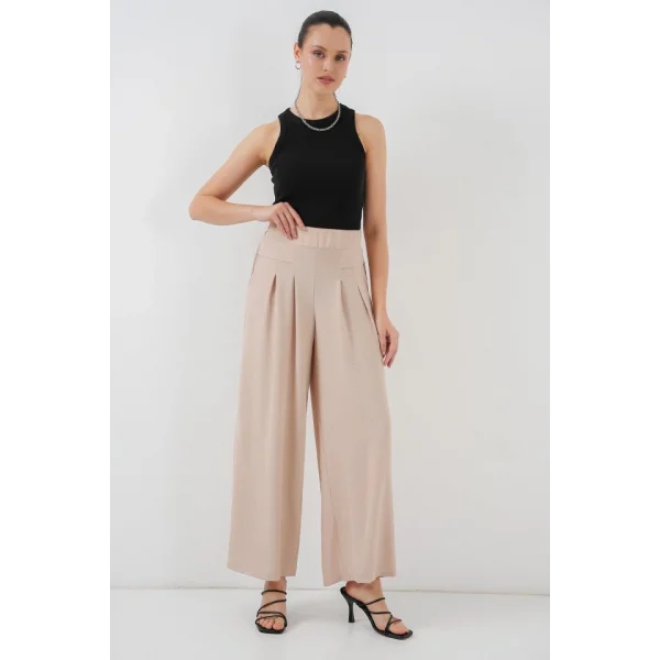 Geniş Paça Pileli Pantolon 6718 - Krem