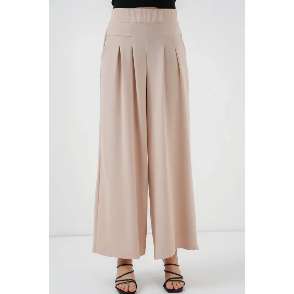 Geniş Paça Pileli Pantolon 6718 - Krem