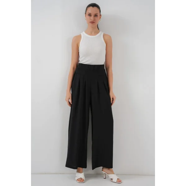 Geniş Paça Pileli Pantolon 6718 - Siyah