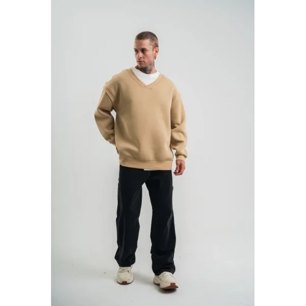 Geniş V Yaka Kol Ribana Detaylı SweatShirt - Bej