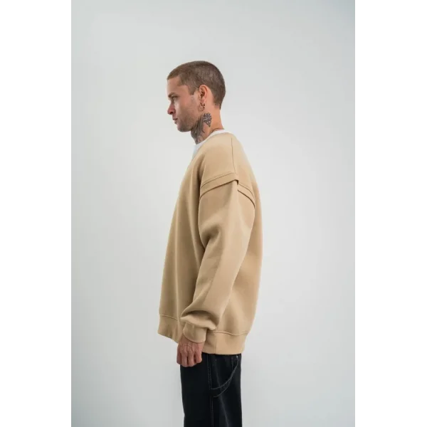 Geniş V Yaka Kol Ribana Detaylı SweatShirt - Bej