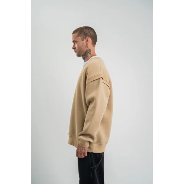 Geniş V yaka Kol Ribana Detaylı SweatShirt - Bej