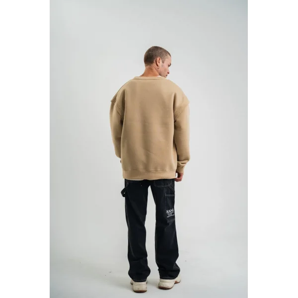 Geniş V yaka Kol Ribana Detaylı SweatShirt - Bej