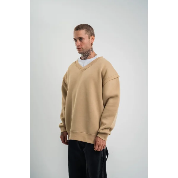 Geniş V yaka Kol Ribana Detaylı SweatShirt - Bej