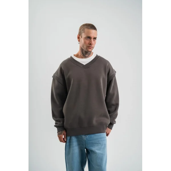 Geniş V yaka Kol Ribana Detaylı SweatShirt - Füme