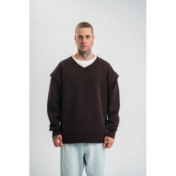Geniş V Yaka Kol Ribana Detaylı SweatShirt - Kahve