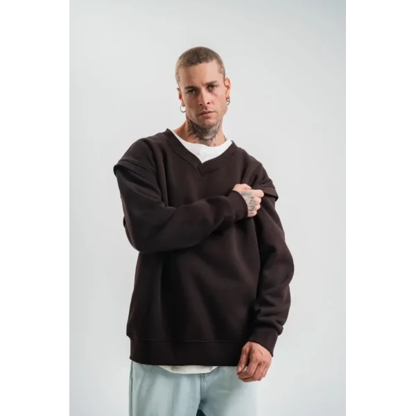 Geniş V Yaka Kol Ribana Detaylı SweatShirt - Kahve