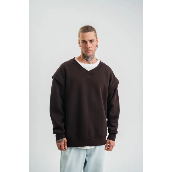 Geniş V yaka Kol Ribana Detaylı SweatShirt - Kahve
